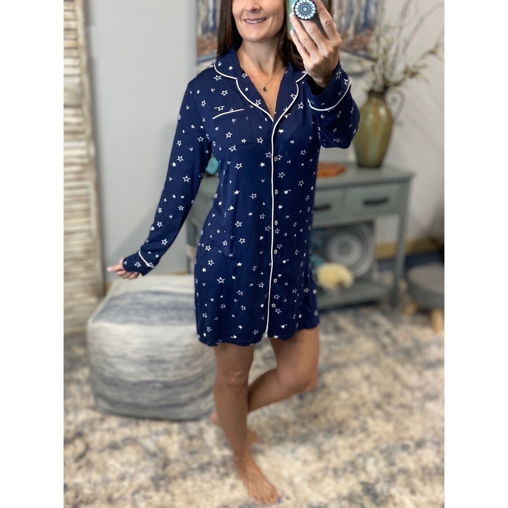 Celestial Stars Long Sleeve Contrast Piping PJ Pajama Dress Navy 4321